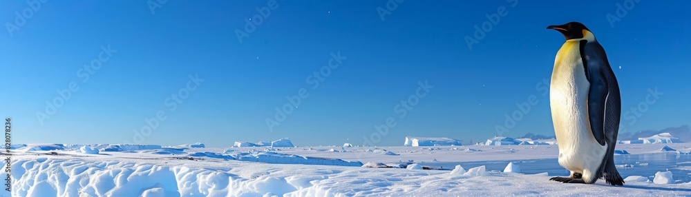 Fototapeta premium Lone emperor penguin standing on ice-covered landscape under clear blue sky, capturing the essence of Antarctic wildlife and natural beauty.