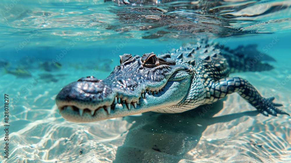 Fototapeta premium Underwater shot of a crocodile swimming in clear blue water, showcasing its powerful body and sharp teeth.