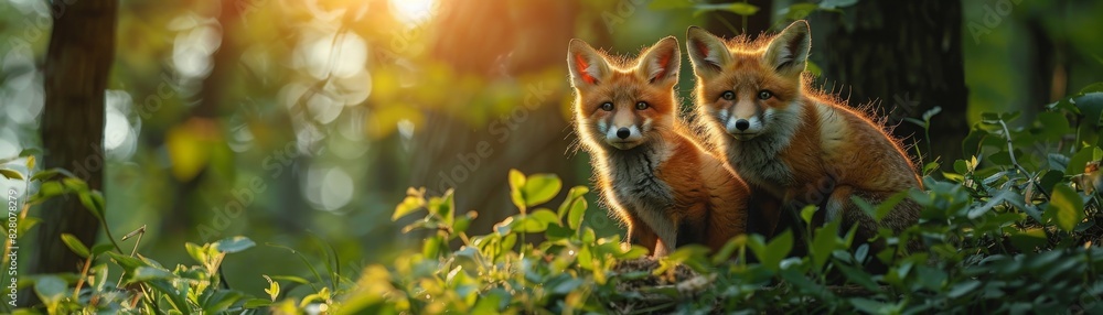 Two red foxes in a lush green forest, illuminated by sunlight filtering through the trees, watching attentively. Nature wildlife photography. Two red foxes in a lush green forest, illuminated by sunlight filtering through the trees, watching attentively. Nature wildlife photography.