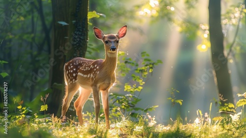 Young deer standing in a sunlit forest, surrounded by green foliage and rays of sunlight streaming through the trees. photo