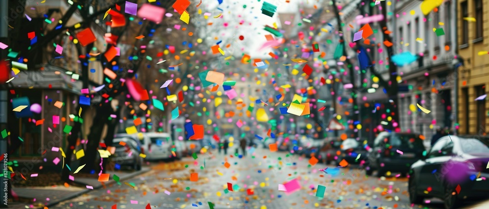 Fototapeta premium Celebrating on the street. A Celebration Unbound Multicolored Confetti Transforms the Street into a Festive