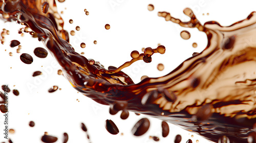 Milk Brown coffee liquid swirl splash and little bubbles with falling coffee Beans isolated on white background, liquid fluid element flowing in form of wave