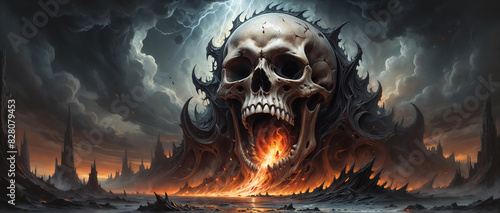 Apocalyptic hellscape of eternal damnation where evil reigns  with colossal demonic skeleton skull engulfed in fire and brimstone storms.  photo