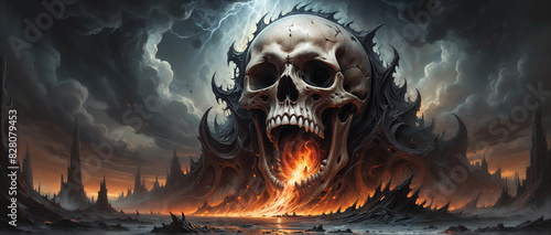Apocalyptic hellscape of eternal damnation where evil reigns  with colossal demonic skeleton skull engulfed in fire and brimstone storms. 