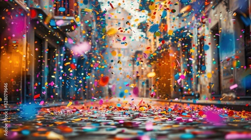 Celebrating on the street. A Celebration Unbound Multicolored Confetti Transforms the Street into a Festive photo