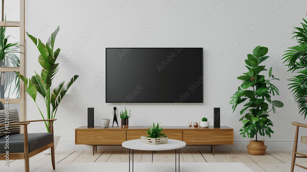 Mockup a TV wall mounted with decoration in living room on white background Mockup a TV wall mounted with decoration in living room on white background