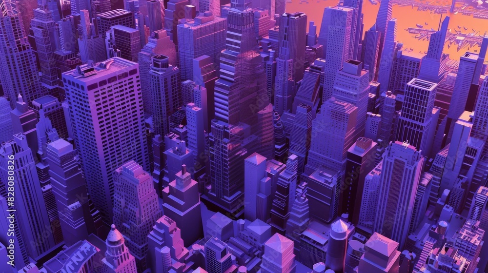 Obraz premium an animated view of a city, in the style of accurate topography, light violet and dark blue, urban documentation, three-dimensional space, spot metering, yale university school of art, transparency an
