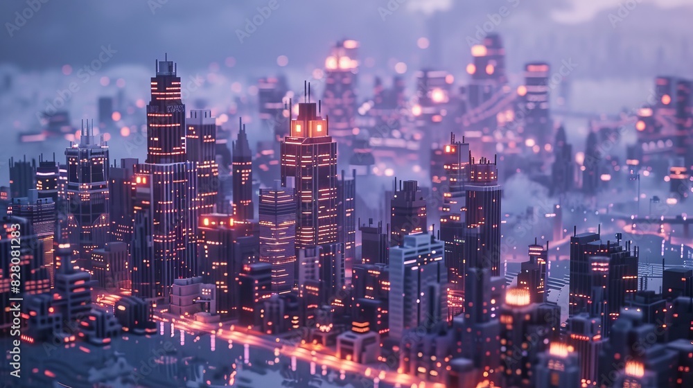 Obraz premium megacity at dusk , magicavoxel, voxel art 