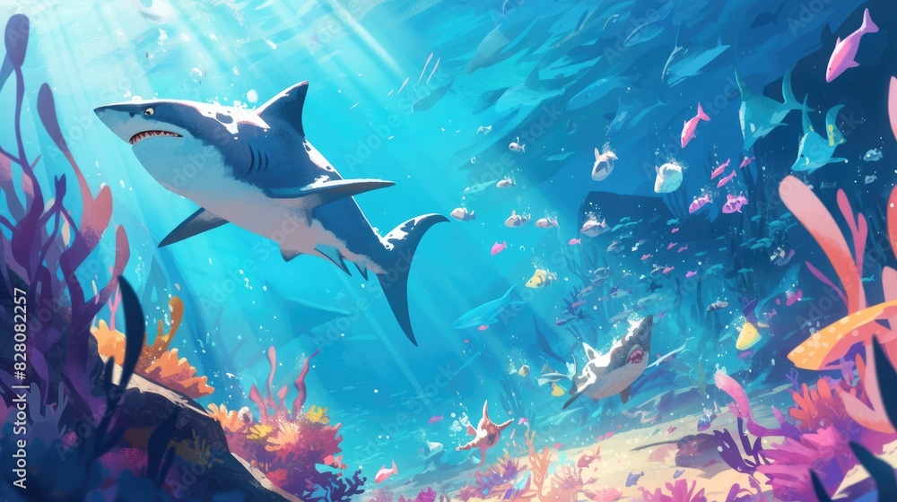 Obraz premium In this captivating ocean tale for kids a vibrant cartoon shows two cunning sharks on the prowl for their next meal beneath the waves
