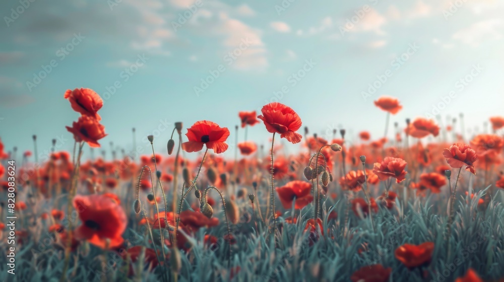 Obraz premium Minimalist ANZAC background featuring a serene poppy field for Remembrance Memorial Day. Red poppies symbolizing honor and remembrance, perfect for Memorial Armistice Day commemorations.