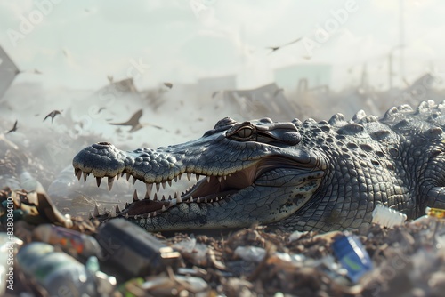 a crocodile is in the rubbish pile
