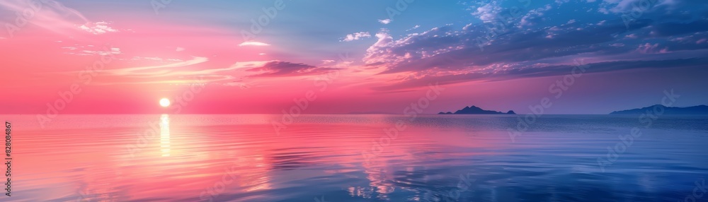 A breathtaking gradient sunset over calm waters with delicate clouds and distant islands, featuring serene and vibrant hues in the sky.