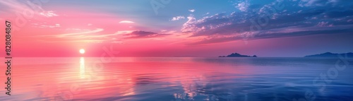 A breathtaking gradient sunset over calm waters with delicate clouds and distant islands  featuring serene and vibrant hues in the sky.