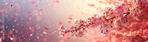 Beautiful cherry blossom branches with falling petals in a dreamy springtime background, creating a serene and enchanting atmosphere.