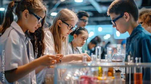 Scene depicting a school science fair with students presenting their projects