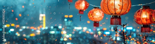 Colorful Chinese lanterns with city lights in the background, creating a vibrant and festive atmosphere during the night. © admin_design
