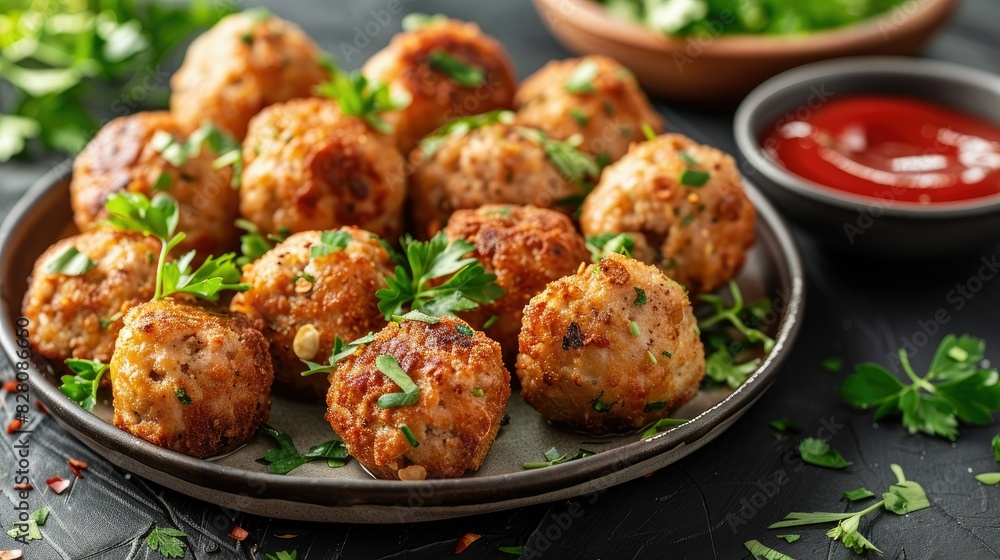 A beautifully arranged plate of golden fried meatballs, garnished with fresh herbs and a side of dipping sauce. A beautifully arranged plate of golden fried meatballs, garnished with fresh herbs and a side of dipping sauce.