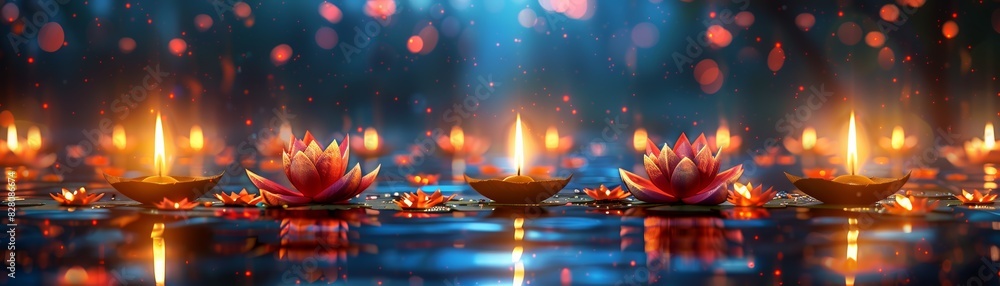 Serene floating candles and lotus flowers on water surface with colorful bokeh lights, creating a tranquil and peaceful atmosphere. Serene floating candles and lotus flowers on water surface with colorful bokeh lights, creating a tranquil and peaceful atmosphere.