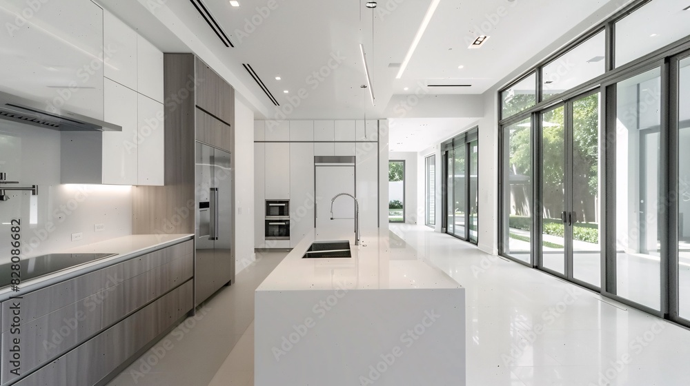 Fototapeta premium A photo of a large kitchen with white cabinets and an island, grey accents, stainless steel appliances, bright lighting, large windows, a modern style home interior design, white walls, a gray floor,
