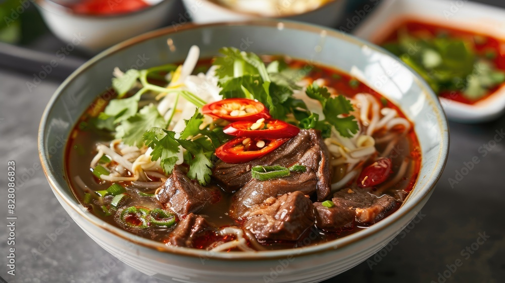 A bowl of Guay Teow Nam Tok, showcasing tender beef slices, fresh noodles, and a robust, spicy broth, perfect for a hearty meal. A bowl of Guay Teow Nam Tok, showcasing tender beef slices, fresh noodles, and a robust, spicy broth, perfect for a hearty meal.