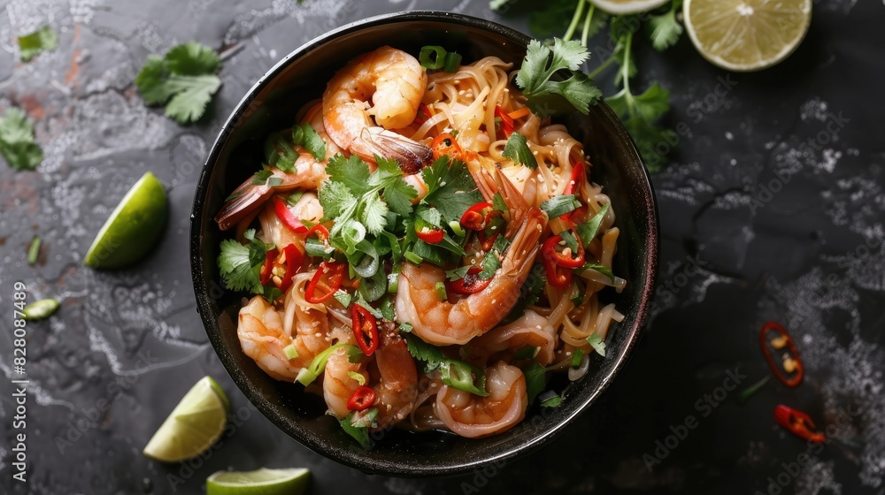 A delicious bowl of Tom Yum Goong noodles, brimming with shrimp, chili peppers, and a burst of fresh cilantro.