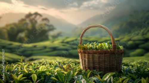 Tea, tea fields, a bamboo basket filled with tea