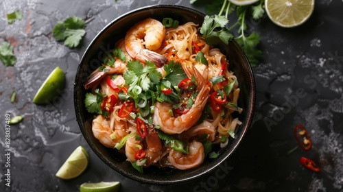 A delicious bowl of Tom Yum Goong noodles, brimming with shrimp, chili peppers, and a burst of fresh cilantro.