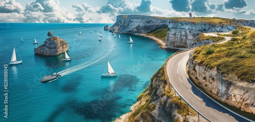 A winding coastal road with dramatic cliffs on one side and turquoise waters on the other  dotted with sailboats and a lighthouse in the distance 32k  full ultra hd  high resolution