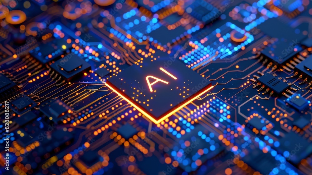 A closeup of an AI chip on the circuit board, with glowing lights and A closeup of an AI chip on the circuit board, with glowing lights and