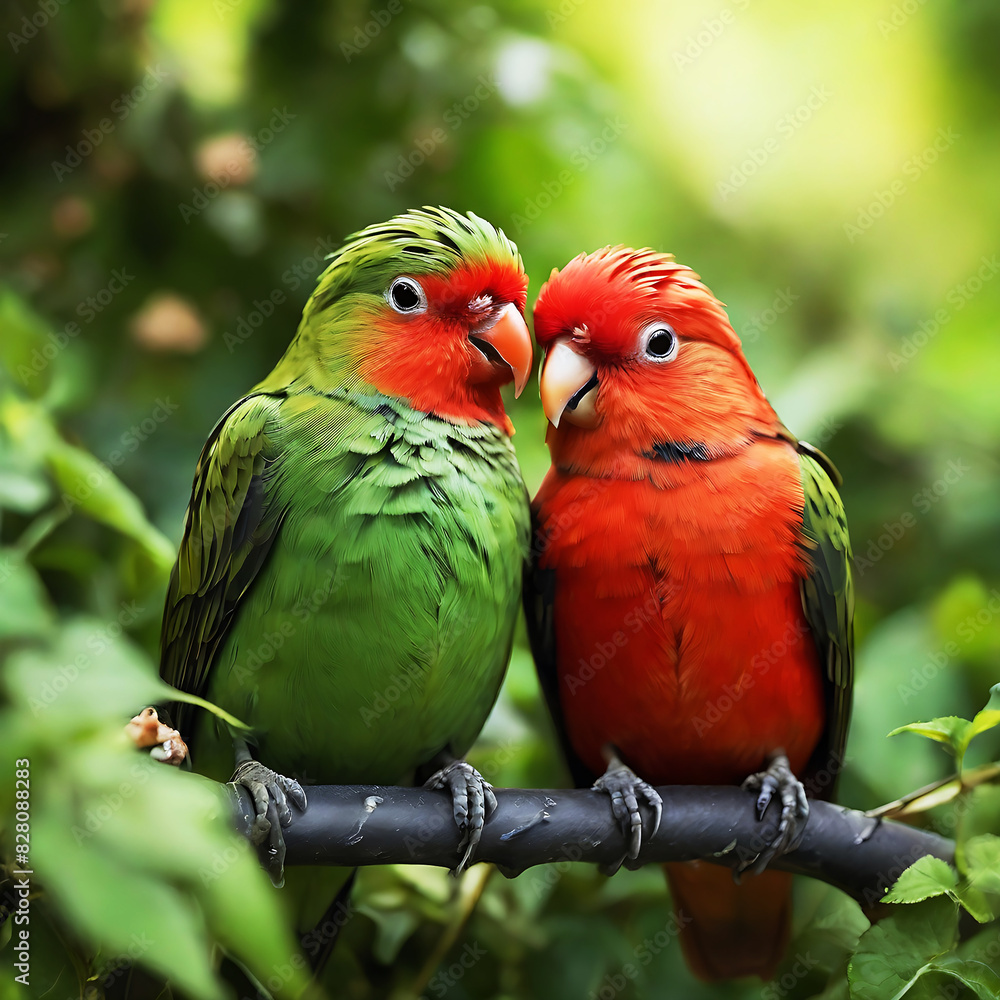 Birds couple lover cuddle each other in garden. Generative AI Birds couple lover cuddle each other in garden. Generative AI