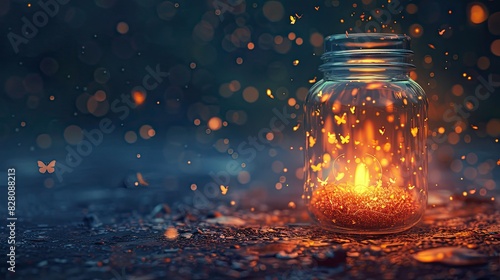 Glowing firefly jar casting warm light