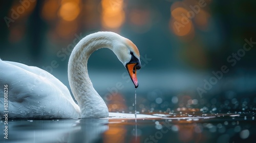 The graceful white swan dipped its beak in the water Text space available Ideal for desktop wallpaper photo