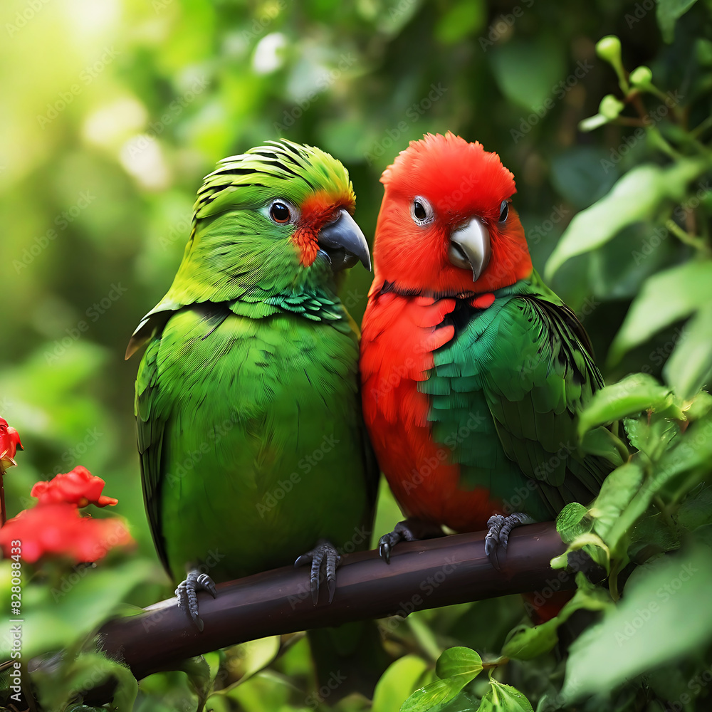 Birds couple lover cuddle each other in garden. Generative AI Birds couple lover cuddle each other in garden. Generative AI