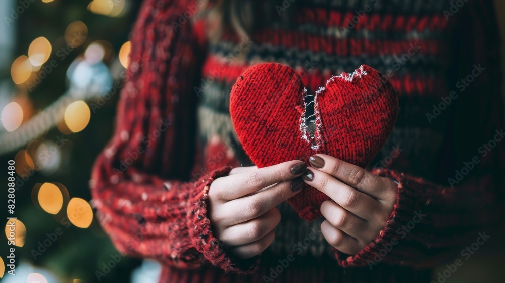 Φωτογραφία A person holding up a red heart with two pieces torn off, symbolizing the end of their romantic relationship during the Christmas season