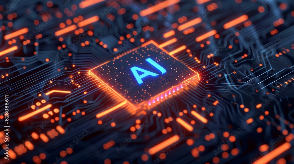 Artificial Intelligence logo on top of circuit board, text Artificial Intelligence logo on top of circuit board, text