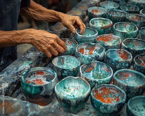 Close-up of artisan's hands carefully crafting and painting colorful ceramic bowls. Perfect for art and craftsmanship themes. photo