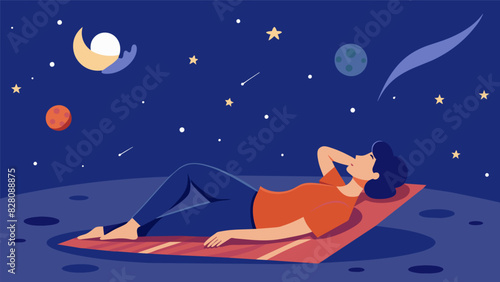 A person lying on a blanket looking up at the stars and enjoying the peacefulness of the night sky.. Vector illustration