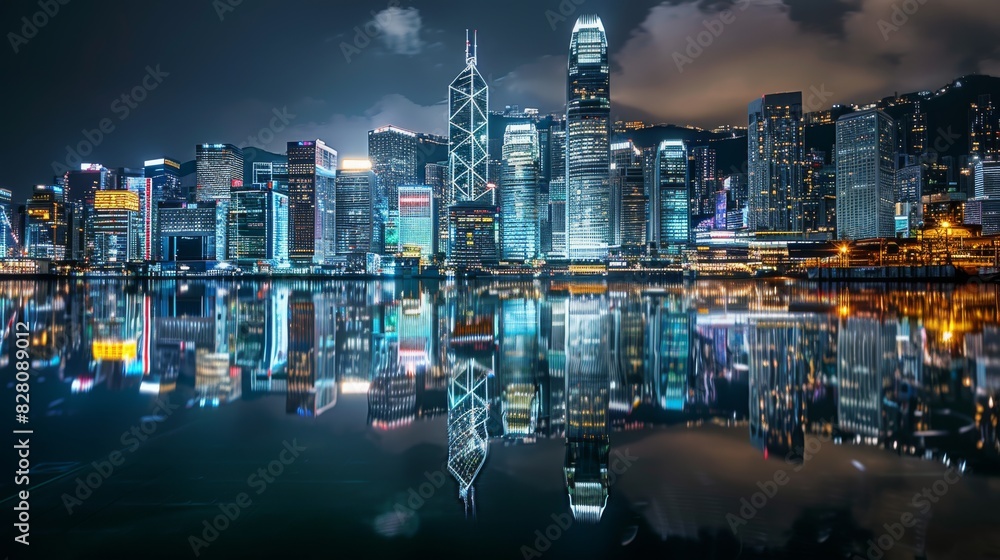 Fototapeta premium Highlighted by skyscrapers and iconic structures along a waterfront, creating a striking reflection in the water, 