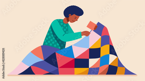 Using vibrant fabrics to sew a patchwork quilt the repetitive motion providing a sense of calm. Vector illustration
