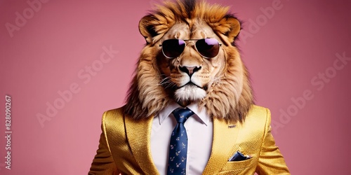 Lion wearing fashion suit, tie, sunglasses, plain color background, stylish animal posing as supermodel in pink background