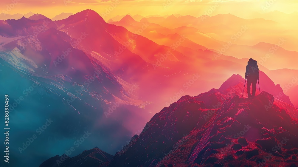 A lone hiker stands on a mountaintop, looking out over a vast landscape A lone hiker stands on a mountaintop, looking out over a vast landscape