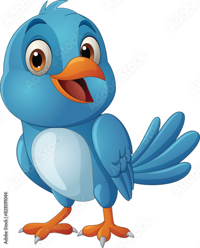 Cartoon happy blue bird standing against white background