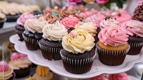 Close-up of beautifully decorated cupcakes arranged on a dessert platter, perfect for celebrations and sweet moments.