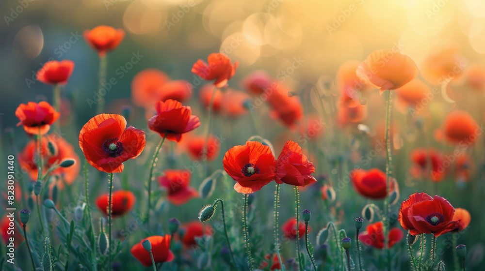 Fototapeta premium Memorial day : A field of vibrant red poppies basks in the warm, golden glow of the setting sun, creating a serene and picturesque scene.