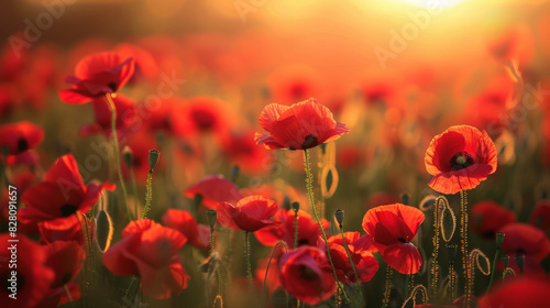 Memorial day   A field of vibrant red poppies basking in the warm glow of a setting sun creates a serene and picturesque scene.