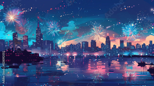 4th of july : A vibrant city skyline at dusk, adorned with colorful fireworks illuminating the sky and reflections glimmering in the calm waterfront below.