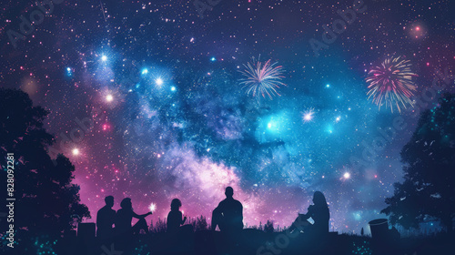 Friends watching a vibrant night sky filled with fireworks and stars, silhouetted against a cosmic backdrop of blue and purple hues.