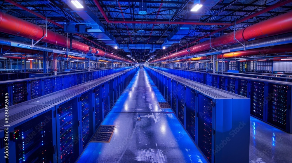 Fototapeta premium High-Tech Data Center with Rows of Servers and State-of-the-Art Cooling Systems for Secure Tech Infrastructure Management