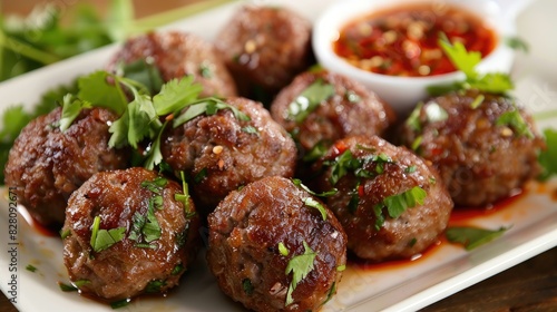 Delicious fried meatballs displayed on an elegant plate, with a side of fresh herbs and chili dipping sauce.