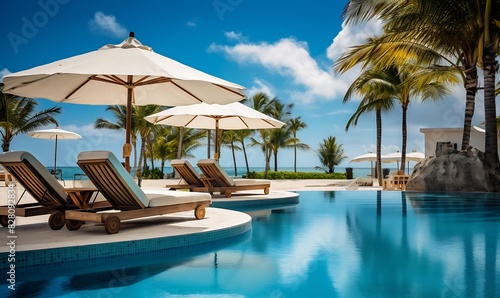 Luxurious swimming pool with umbrella and chair in luxury hotel resort - Vintage Light Filter © MahmudulHassan